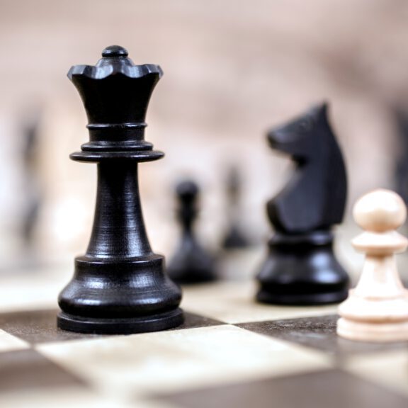 Pieces on chess game board. King, horse. Strategy concept. Chess game. Various chess pieces form a strategic move on a beige and black chess board. A black king is focal point. No people. Strategy concept.